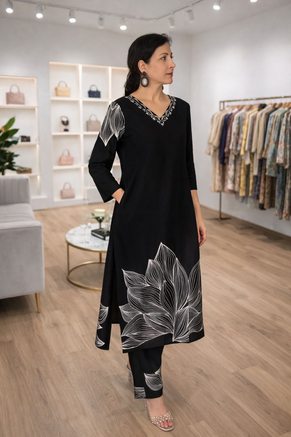 D'MAYE Black Printed Kurta Pant Set for Women