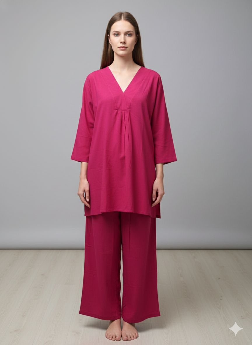 DMAYE Berry Pink V-Neck Kurta Pant Set