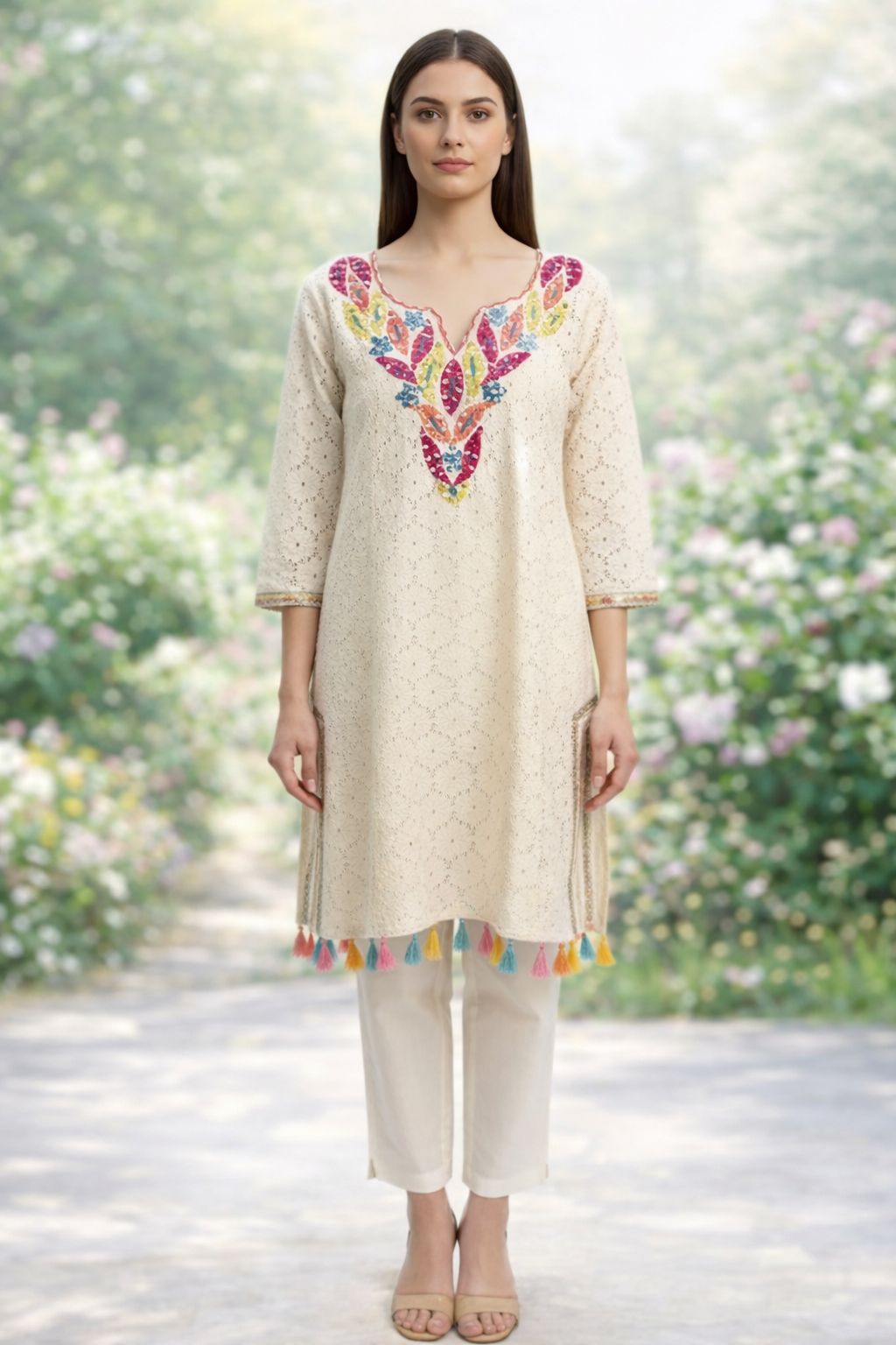 D'MAYE Ivory Embroidered Kurta Pant Set with Tassel Hem