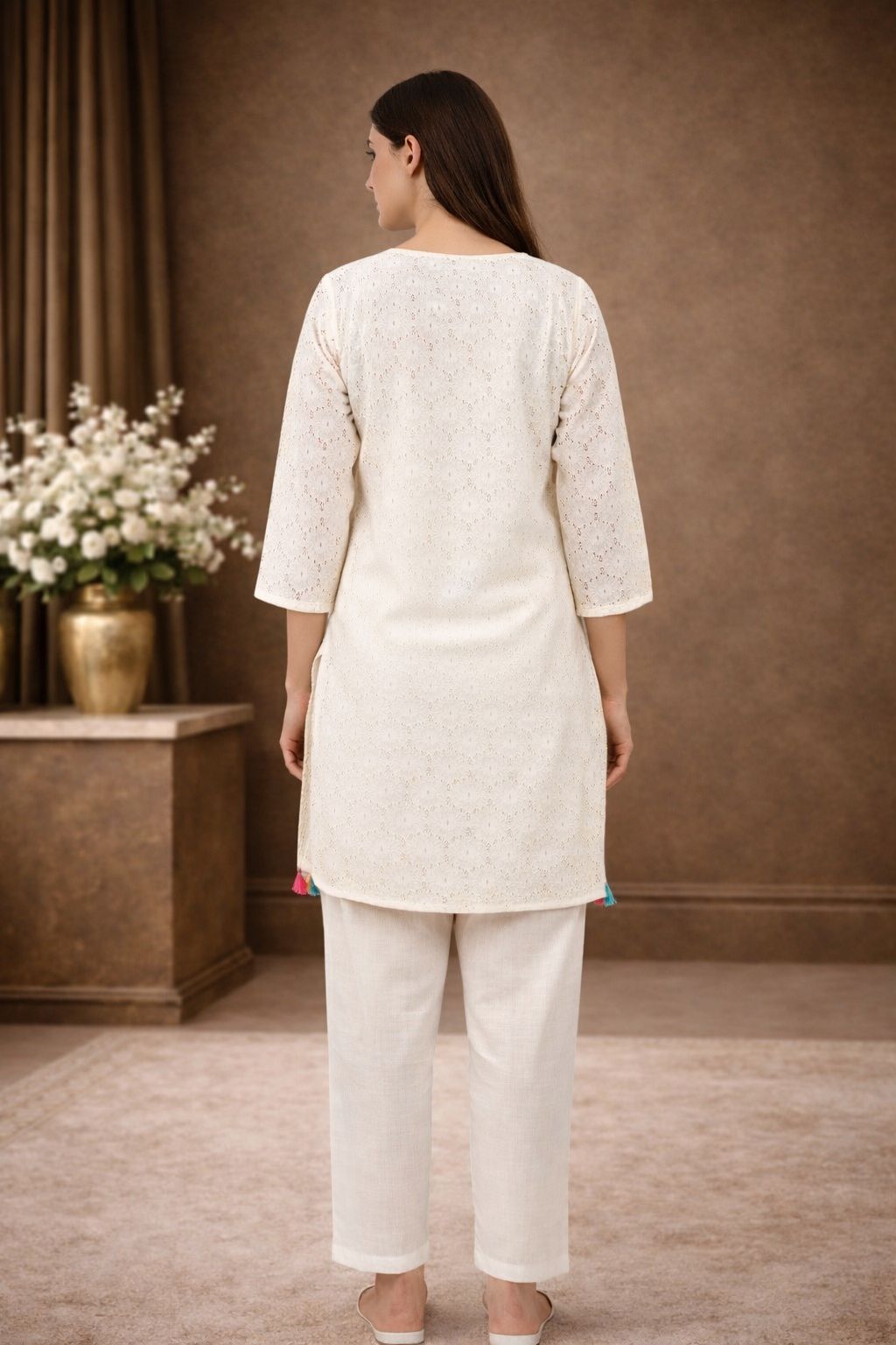 D'MAYE Ivory Embroidered Kurta Pant Set with Tassel Hem