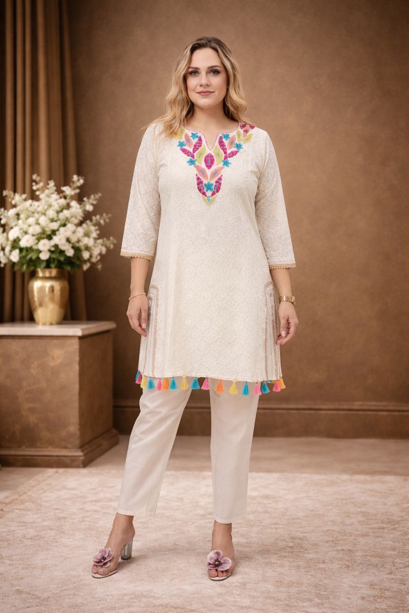 D'MAYE Ivory Embroidered Kurta Pant Set with Tassel Hem