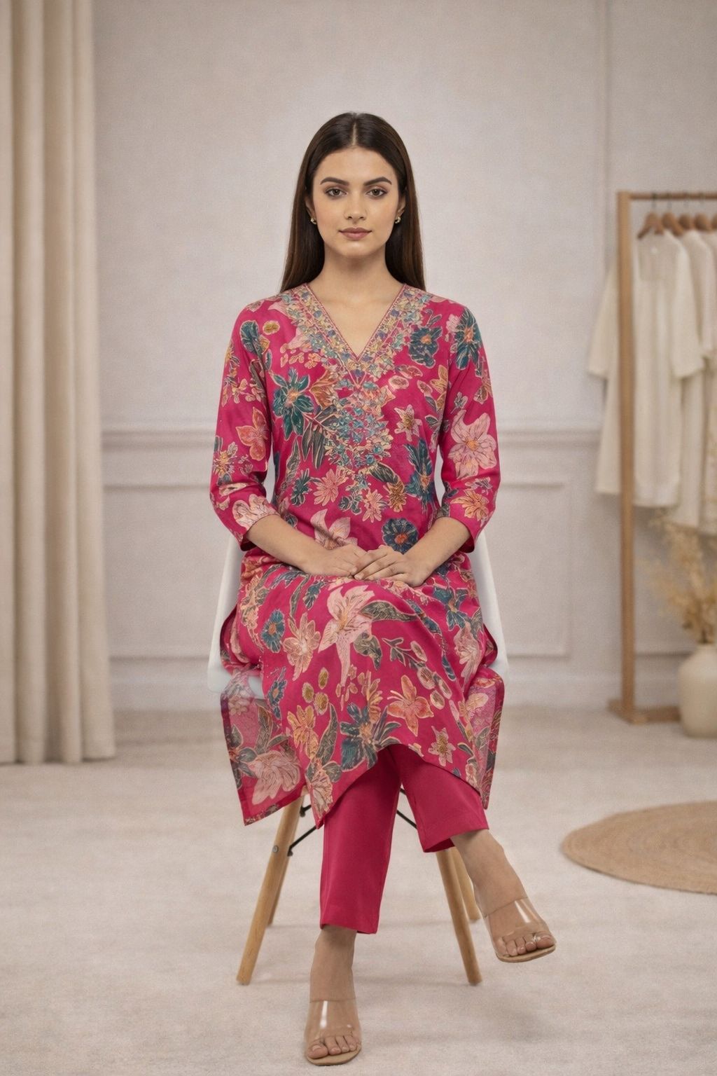 D'MAYE Magenta Floral Printed Straight Kurta Set