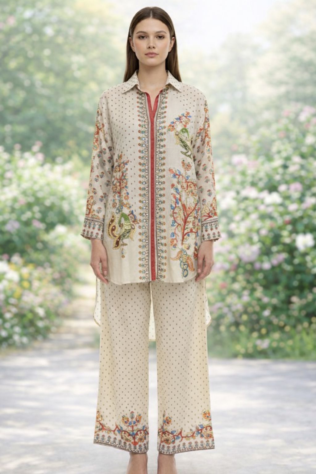 D'MAYE Beige Printed Shirt-Style Coord Set with Straight Pants | Elegant Women’s Wear