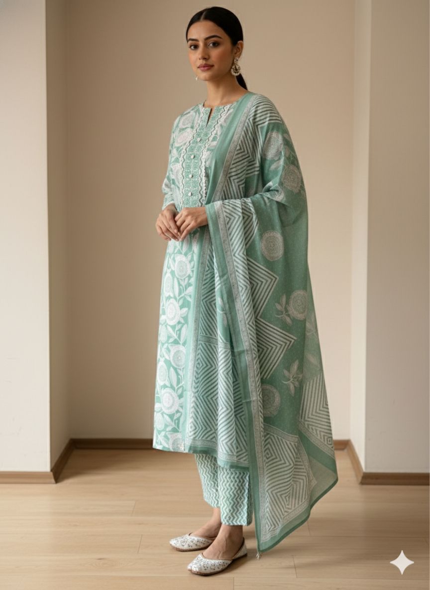 D'MAYE Mint Aura Printed Kurta Set with Dupatta