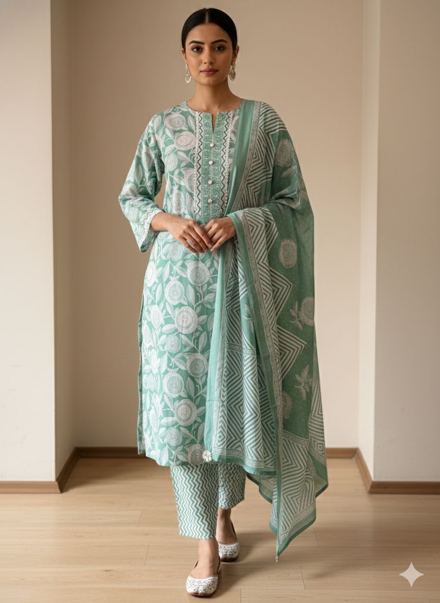 D'MAYE Mint Aura Printed Kurta Set with Dupatta