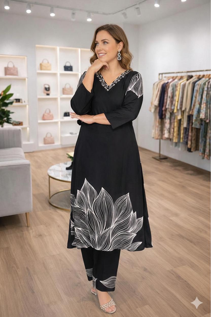 D'MAYE Black Printed Kurta Pant Set for Women