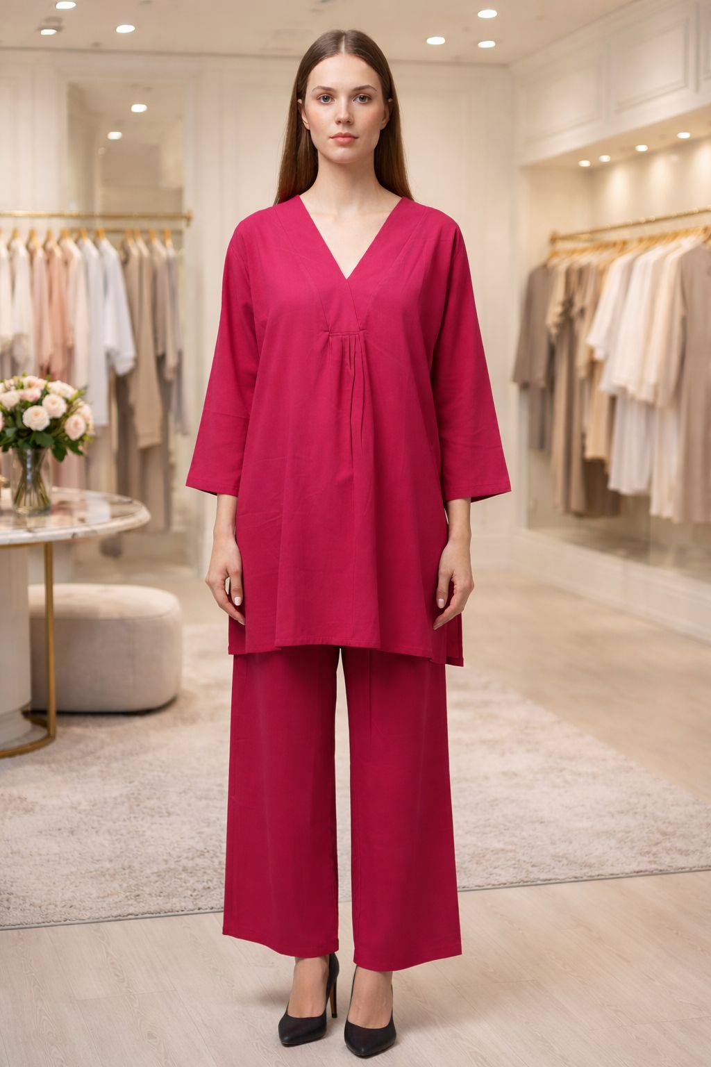 DMAYE Berry Pink V-Neck Kurta Pant Set