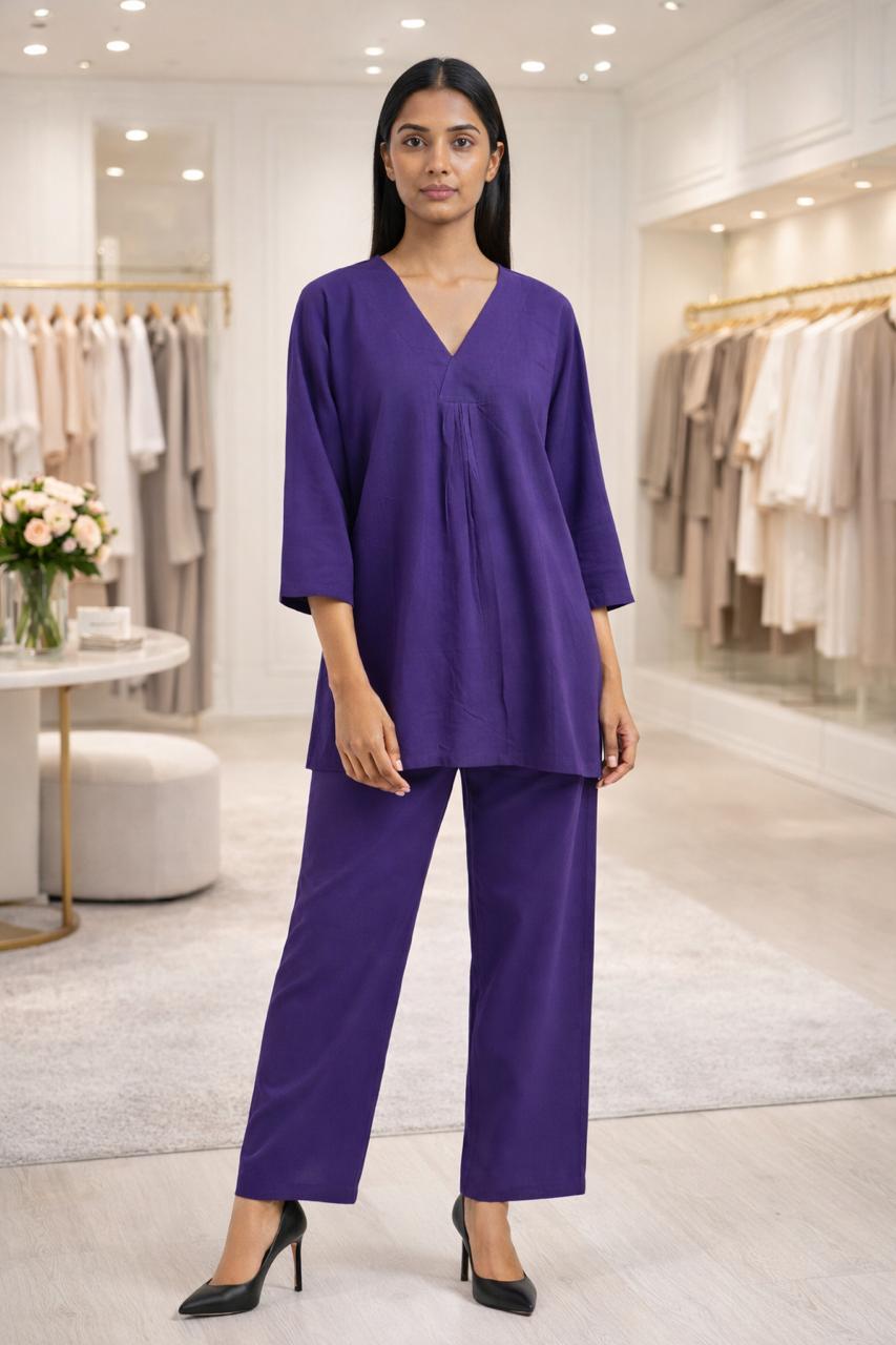 DMAYE Royal Purple V-Neck Kurta Pant Set