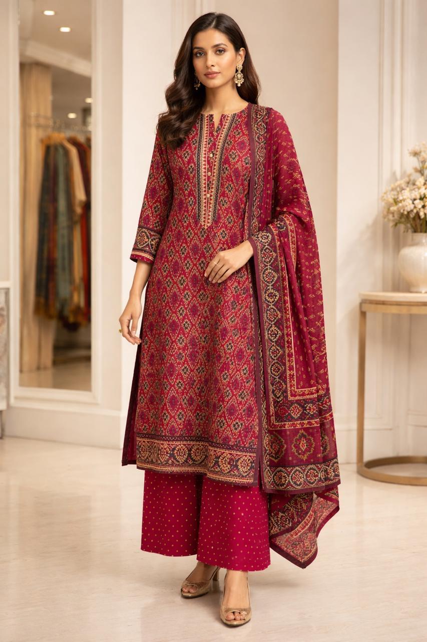 D'MAYE Maroon Ethnic Printed Plus-Size Kurta Set with Dupatta