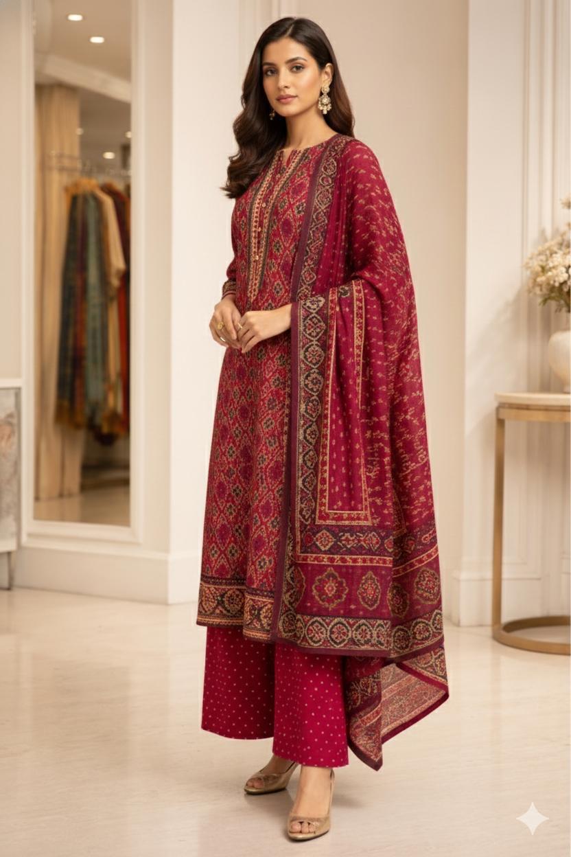D'MAYE Maroon Ethnic Printed Plus-Size Kurta Set with Dupatta