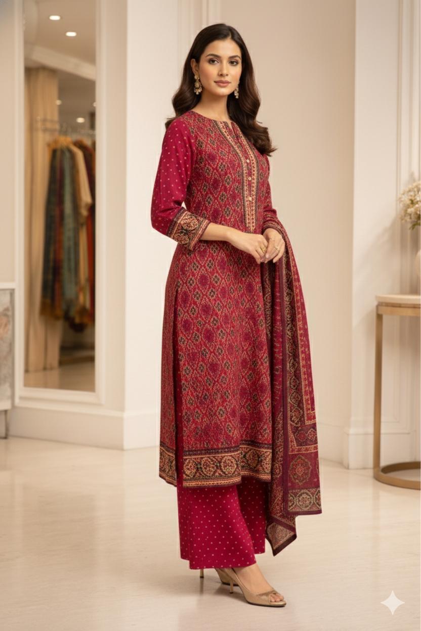 D'MAYE Maroon Ethnic Printed Plus-Size Kurta Set with Dupatta