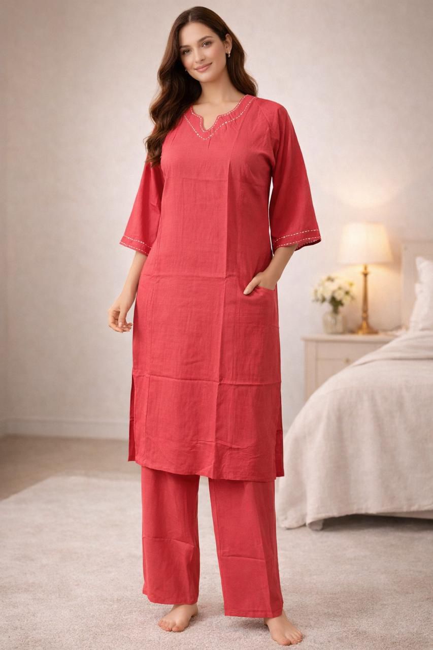 D'MAYE Coral Red Comfort Kurta & Palazzo Set