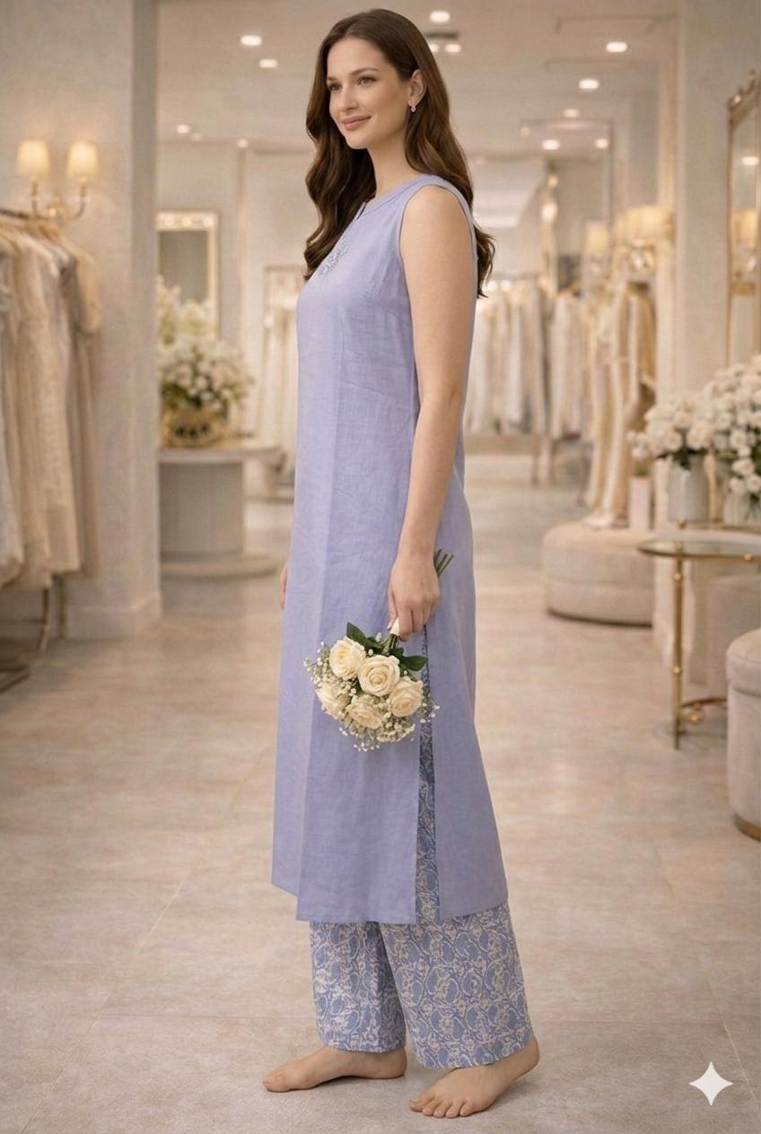 D'MAYE Lavender Cotton Co ord set – Sleeveless Kurta with Printed Palazzo