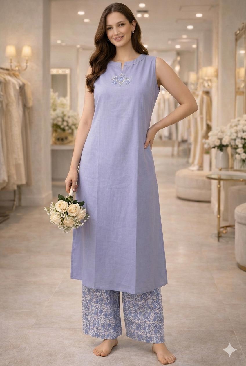 D'MAYE Lavender Cotton Co ord set – Sleeveless Kurta with Printed Palazzo