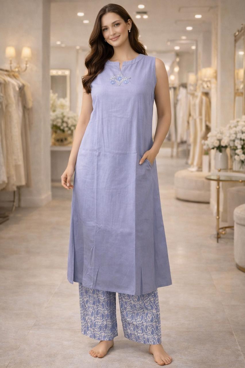 D'MAYE Lavender Cotton Co ord set – Sleeveless Kurta with Printed Palazzo