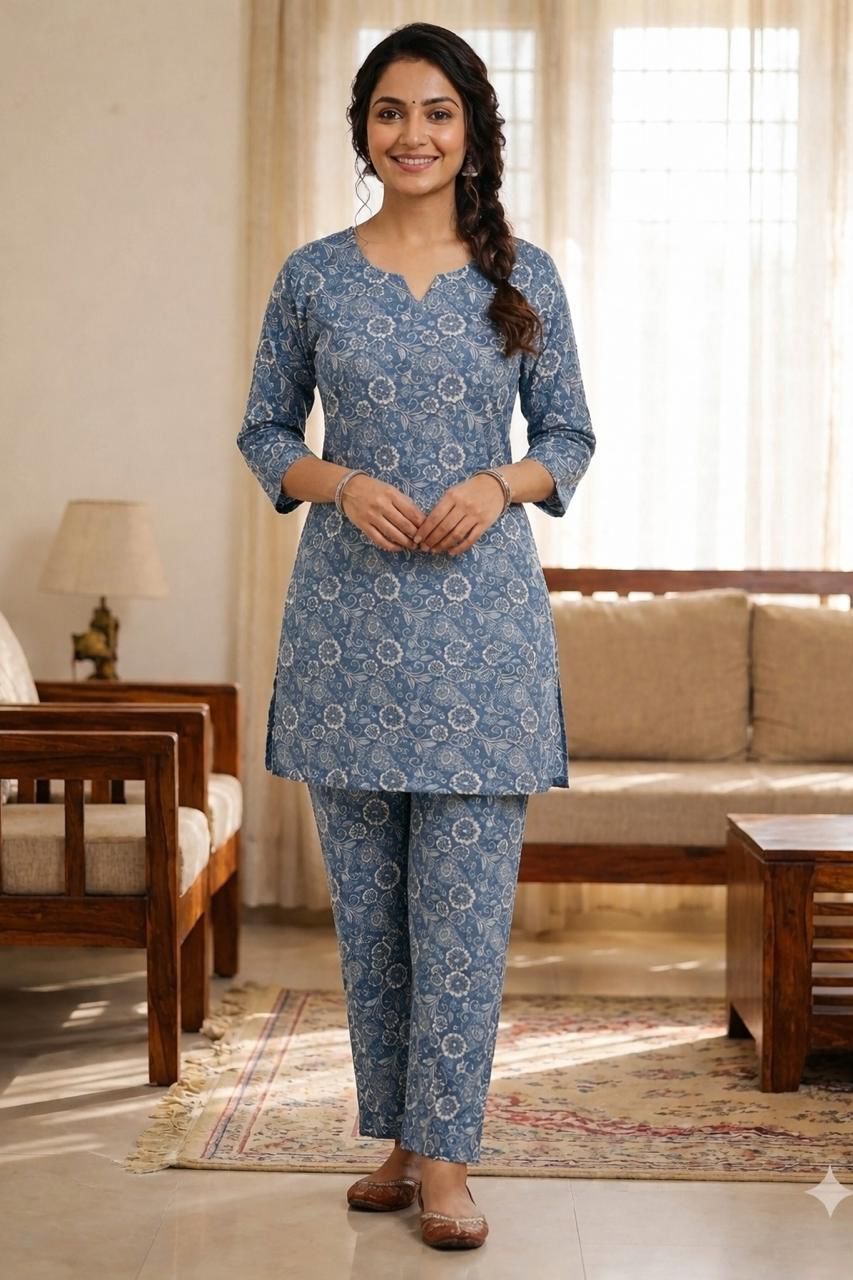 Grey Floral Printed Kurti Set for Women/D'MAYE