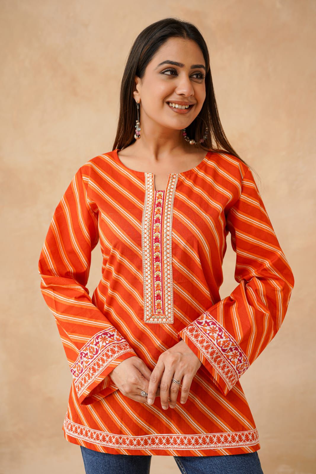 D'MAYE Orange Diagonal Striped Cotton Kurti for Women