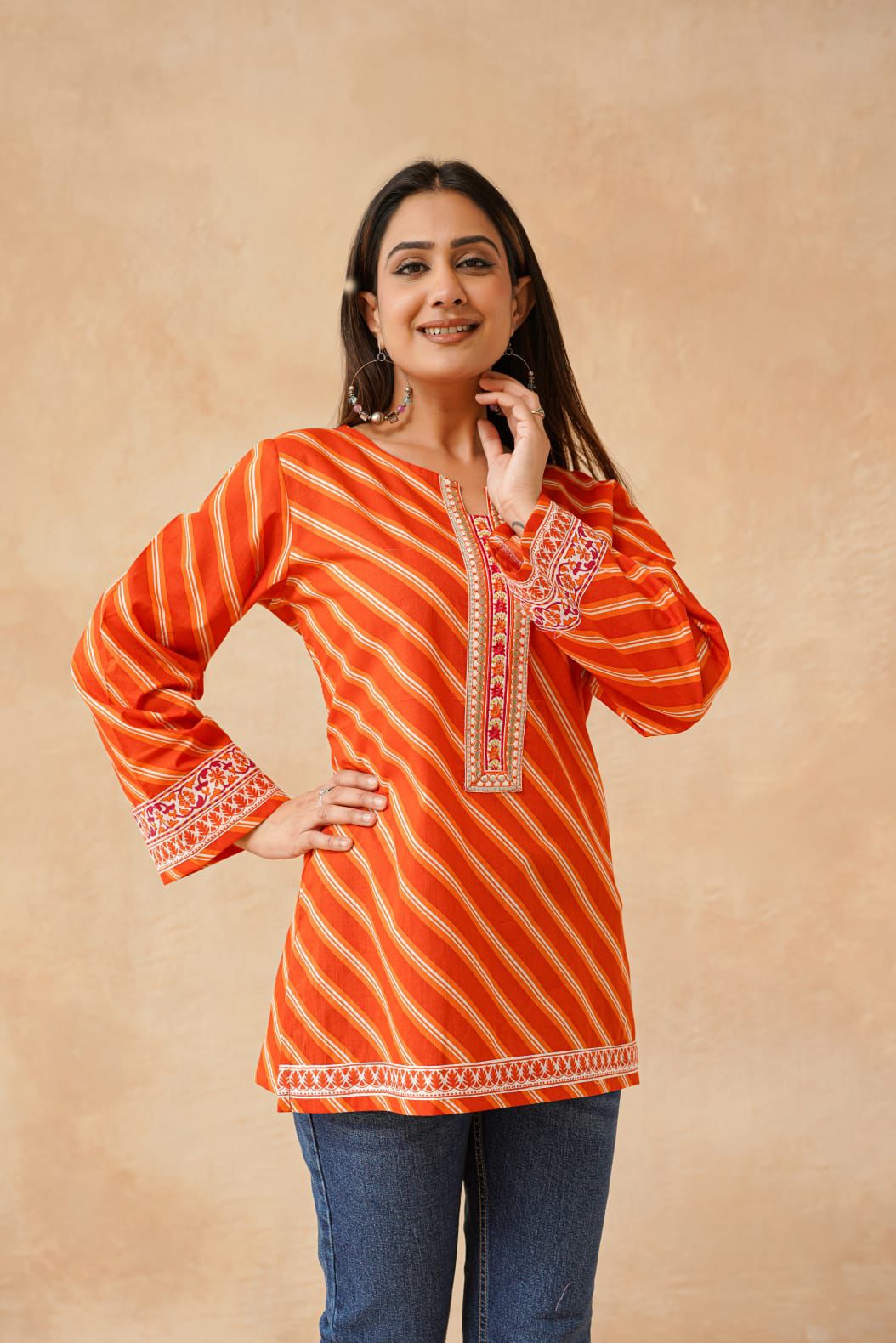 D'MAYE Orange Diagonal Striped Cotton Kurti for Women