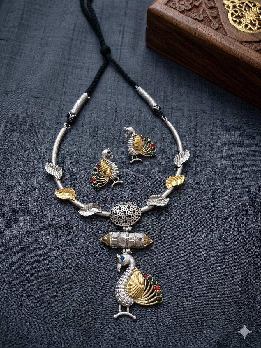 Oxidised Silver Peacock Necklace Set with Earrings | Ethnic Statement Jewellery | D’MAYE