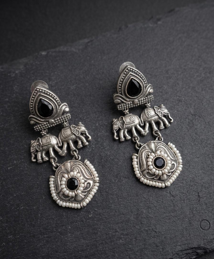 German silver Elephant Black Stone Earrings – Statement Ethnic Design