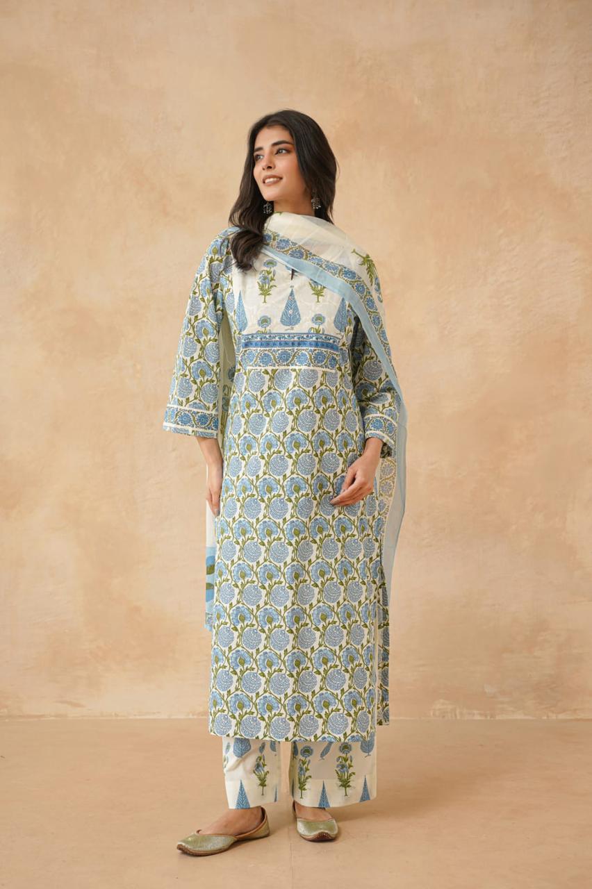 Women’s Blue Floral Printed Cotton Kurta Set with Dupatta (3-Piece)/D'MAYE